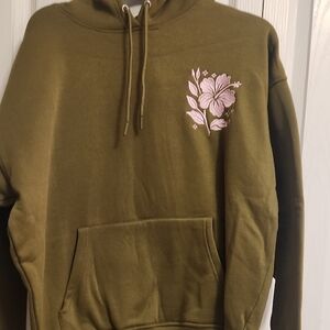 Theory Olive Hoodie with Pink Floral Design
